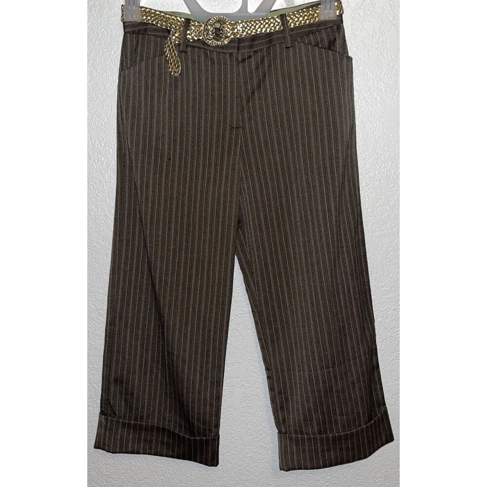 IZ Byer California Capri Dress Pants Pinstripe Brown Gold Women size 16
